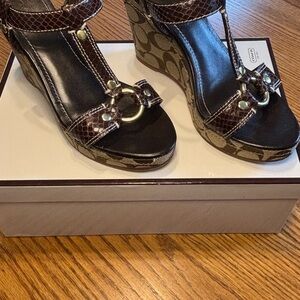 Coach Dark Brown Patterned Wedges